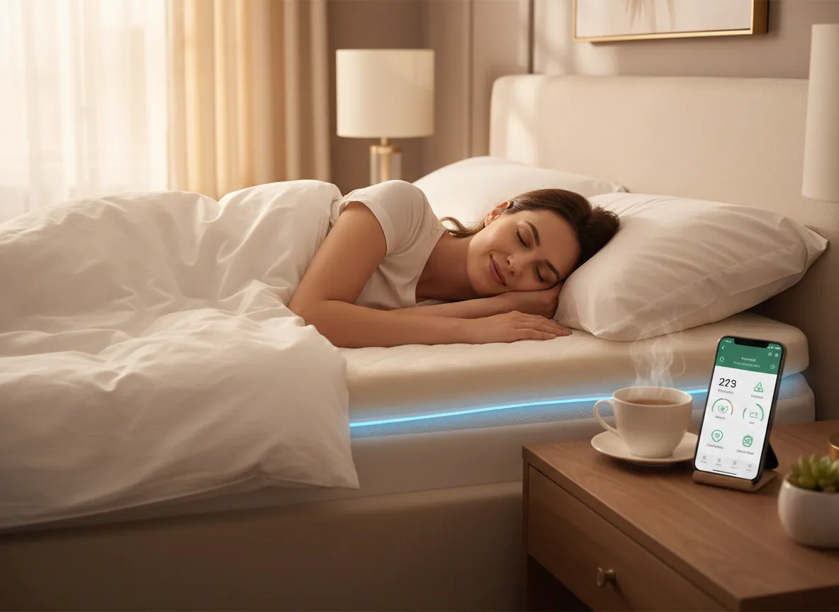 Woman sleeping peacefully with SomnusFlow app on bedside table